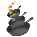 Set of three black pre-seasoned cast iron skillets with handles arranged in a tiered stack for versatile cooking