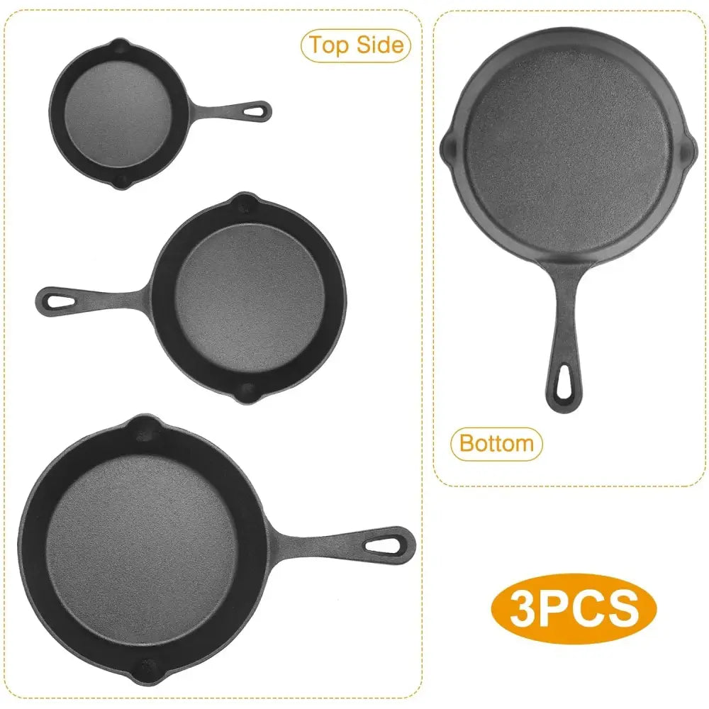 Set of three black pre-seasoned cast iron skillets with a matte finish and sturdy handles for versatile cooking
