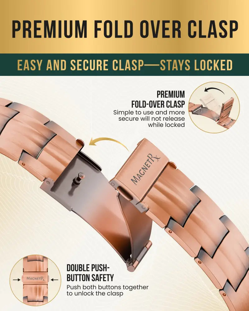 Rose gold pure copper magnetic bracelet for men with rose gold-toned magnetic watch band and premium fold-over clasp