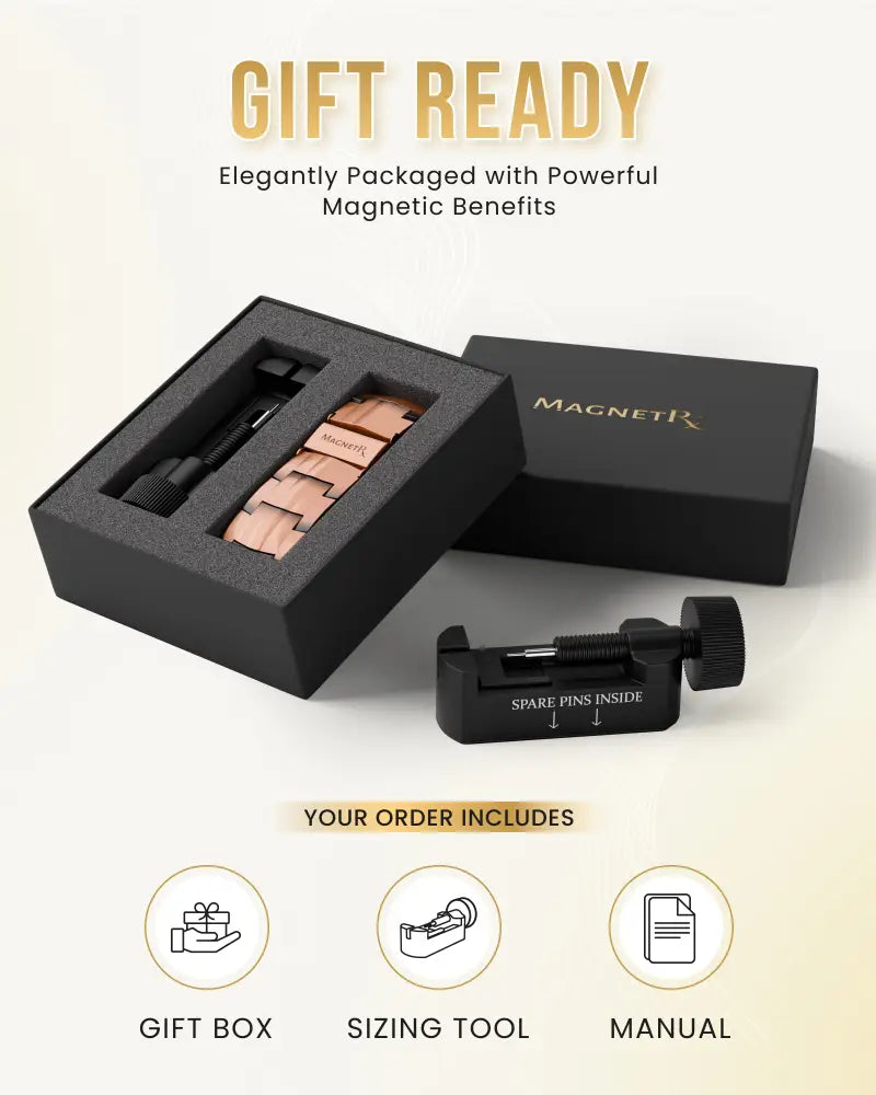 Rose gold pure copper magnetic bracelet for men with black adjustment tool and spare pins included