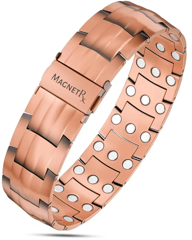 Rose gold pure copper magnetic bracelet for men with interlocking links and magnetrx engraved clasp