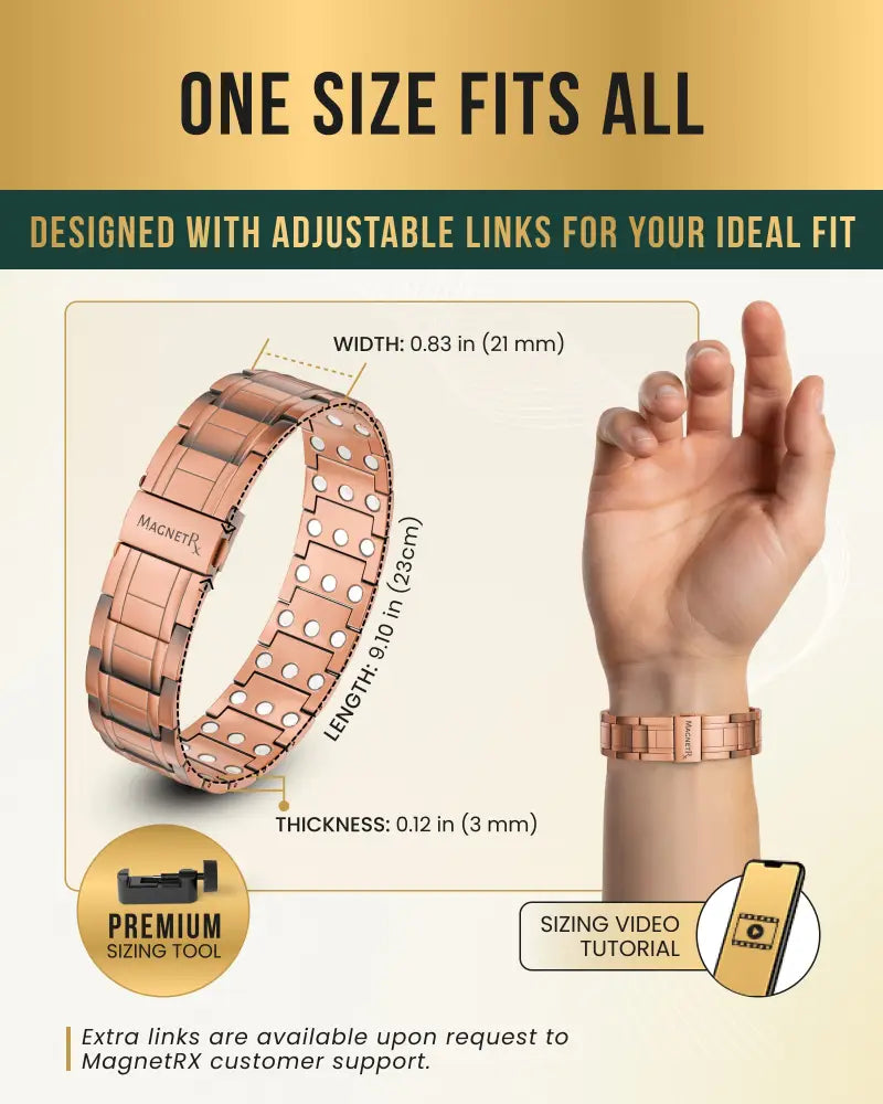 Rose gold stealth triple strength copper magnetic bracelet with interlocking links and sleek adjustable design