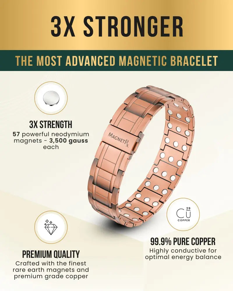 Rose gold stealth triple strength copper magnetic bracelet with 57 neodymium magnets and magnetrx branded clasp