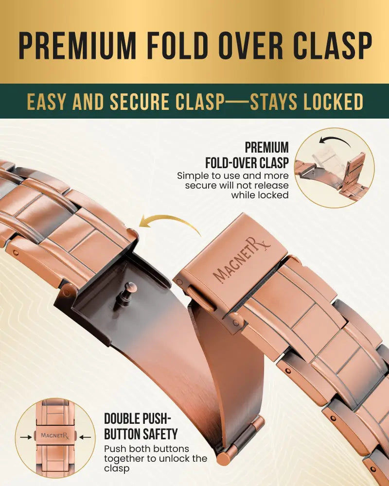 Rose gold stealth triple strength copper magnetic bracelet featuring copper-toned stainless steel band with premium clasp