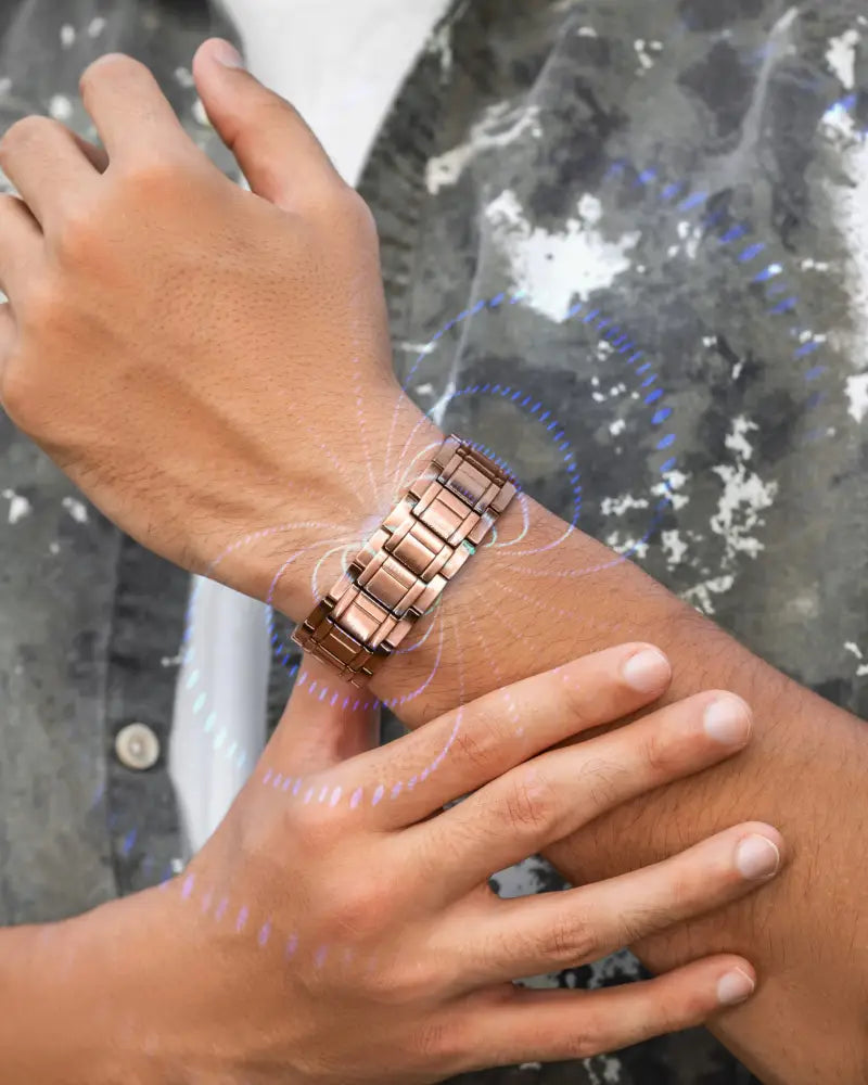 Rose gold stealth triple strength copper magnetic bracelet featuring a rose gold-toned metal watch band with sleek interlocking links