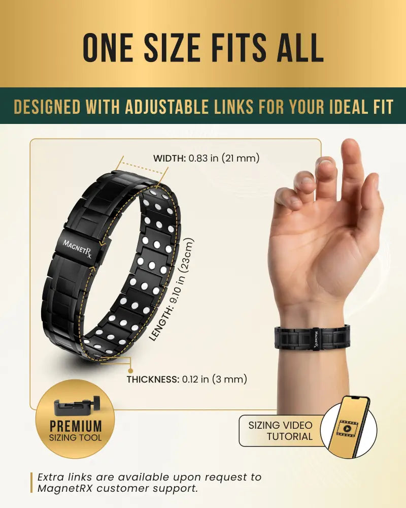Men’s black titanium triple strength magnetic therapy bracelet with adjustable links and white circular accents
