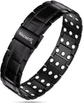 Men’s black titanium triple strength magnetic therapy bracelet with sleek polished finish and white circular magnets