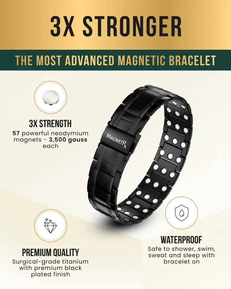 Men’s black titanium triple strength magnetic therapy bracelet with 57 neodymium magnets and surgical-grade titanium