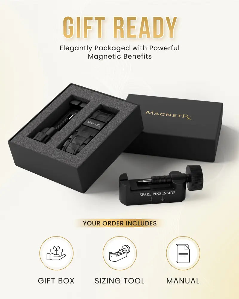 Mens black titanium triple strength magnetic therapy bracelet set in sleek packaging with sizing tool and manual included