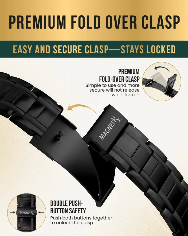Mens black titanium magnetic therapy bracelet with metal watch band and premium fold-over clasp featuring magnetix brand