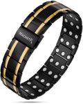 Triple strength black and gold titanium magnetic bracelet with silver-toned circular magnets embedded in each link