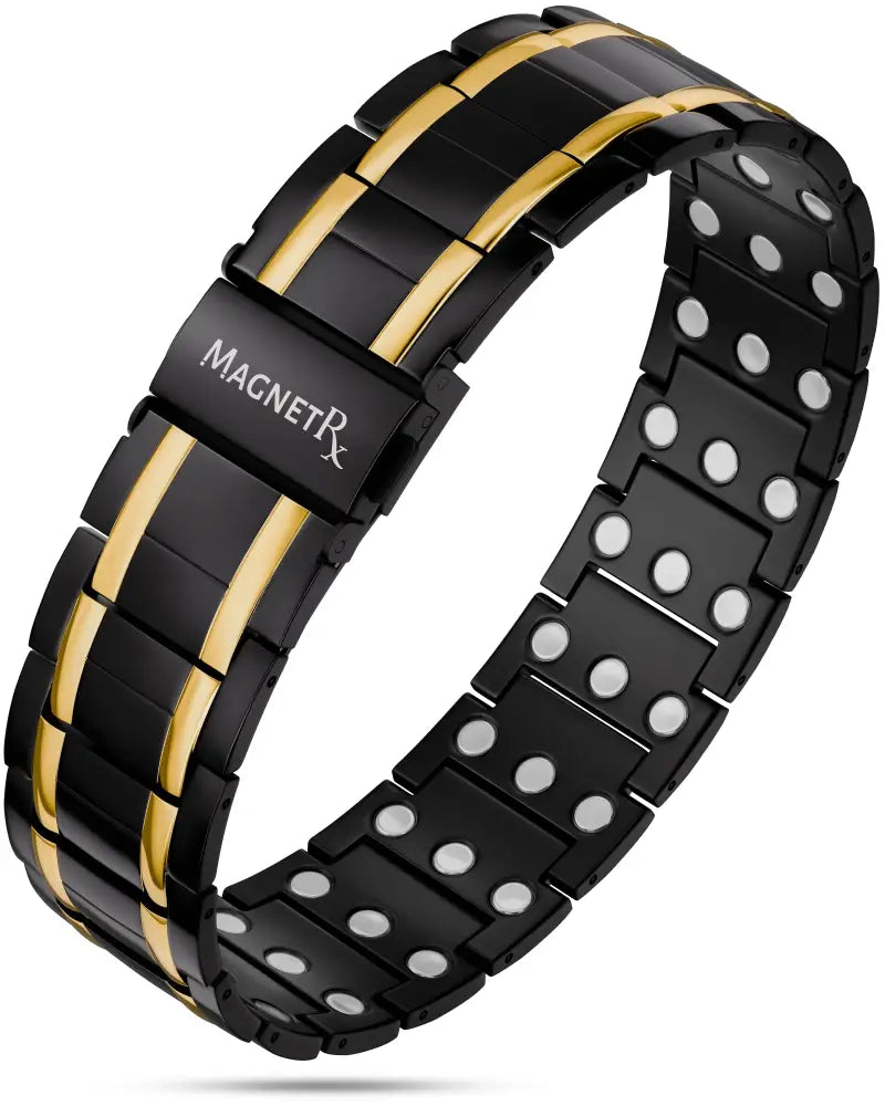 Triple strength black and gold titanium magnetic bracelet with silver-toned circular magnets embedded in each link