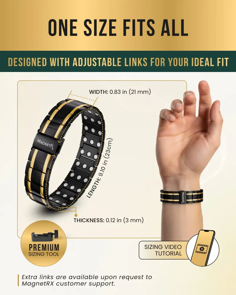 Triple strength black and gold titanium magnetic bracelet with adjustable links featuring sleek design and magnetrx logo