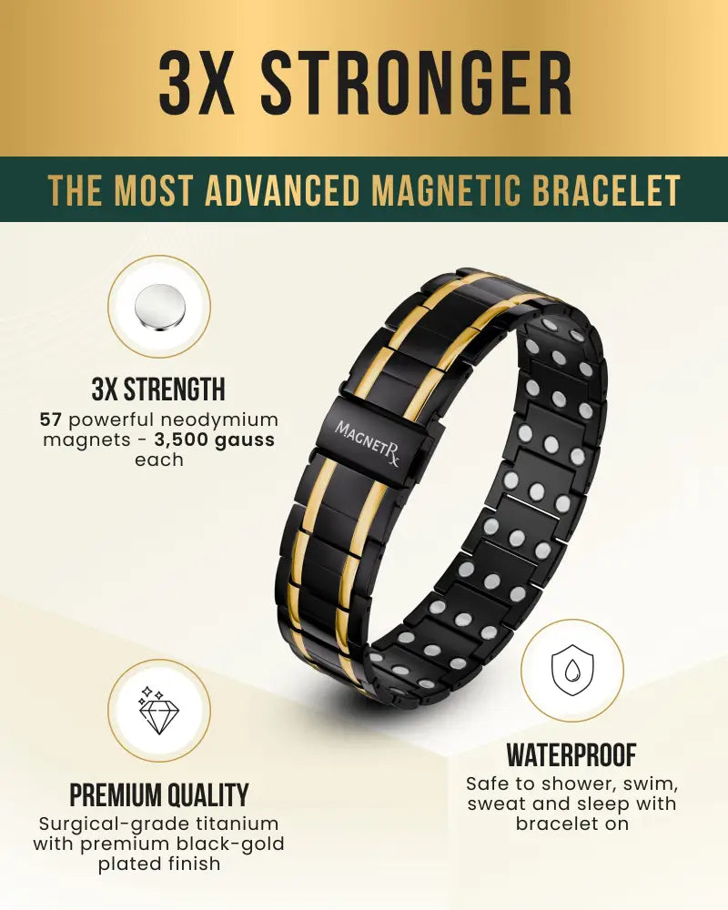 Triple strength black and gold titanium magnetic bracelet with 57 neodymium magnets for enhanced wellness benefits