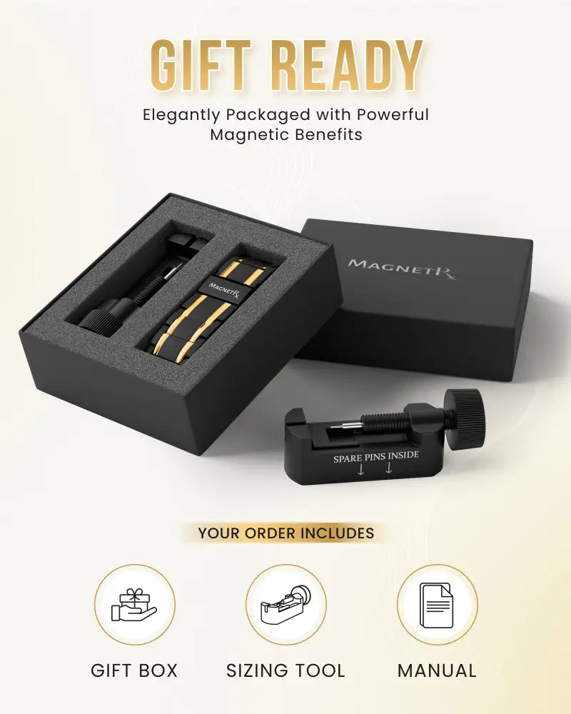 Black and gold titanium magnetic bracelet adjustment tool set in a gift box for triple strength bracelet maintenance