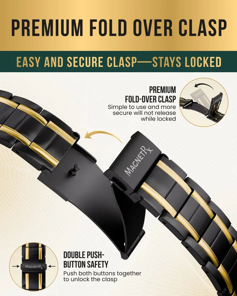 Black and gold stainless steel watch band with premium fold-over clasp featuring Magnetix logo for Triple Strength bracelet