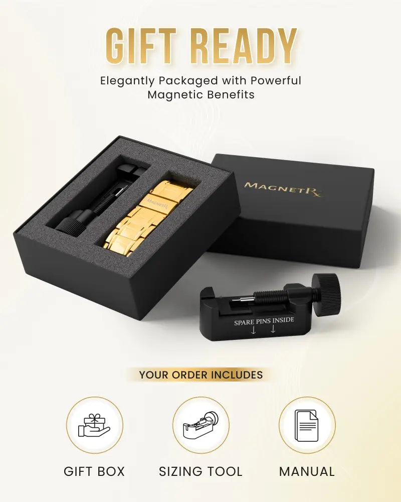 Men’s gold 3x strength titanium magnetic therapy bracelet with a gold-colored magnetic watch band and sleek interlocking links