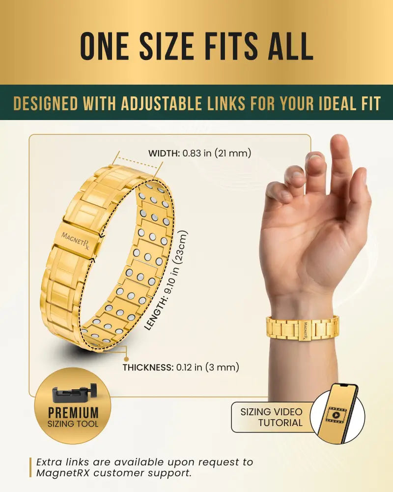 Men’s gold 3x strength titanium magnetic therapy bracelet with adjustable metal band and sleek interlocking links