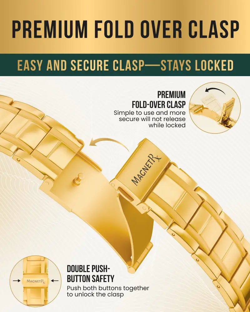 Men’s gold-tone stainless steel watch bracelet with premium fold-over clasp featuring magnetrx brand logo