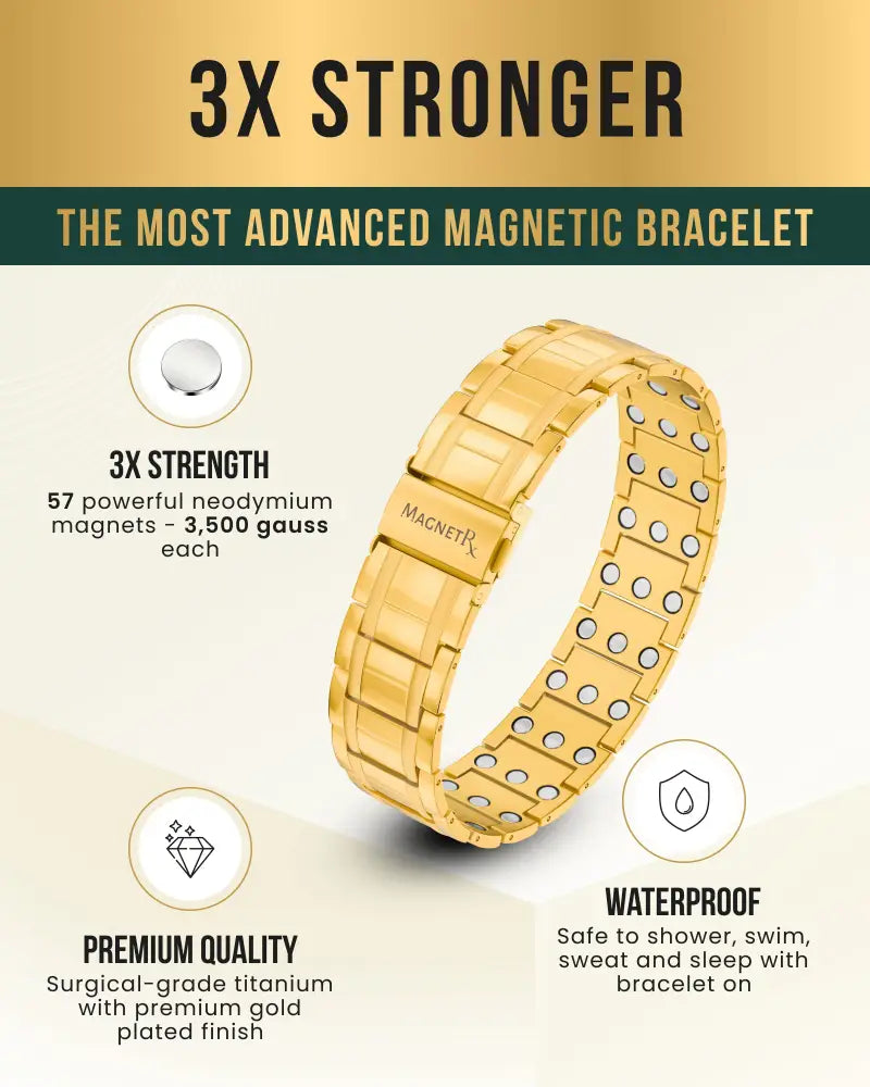 Men’s gold 3x strength titanium magnetic therapy bracelet with 57 neodymium magnets and gold-plated links