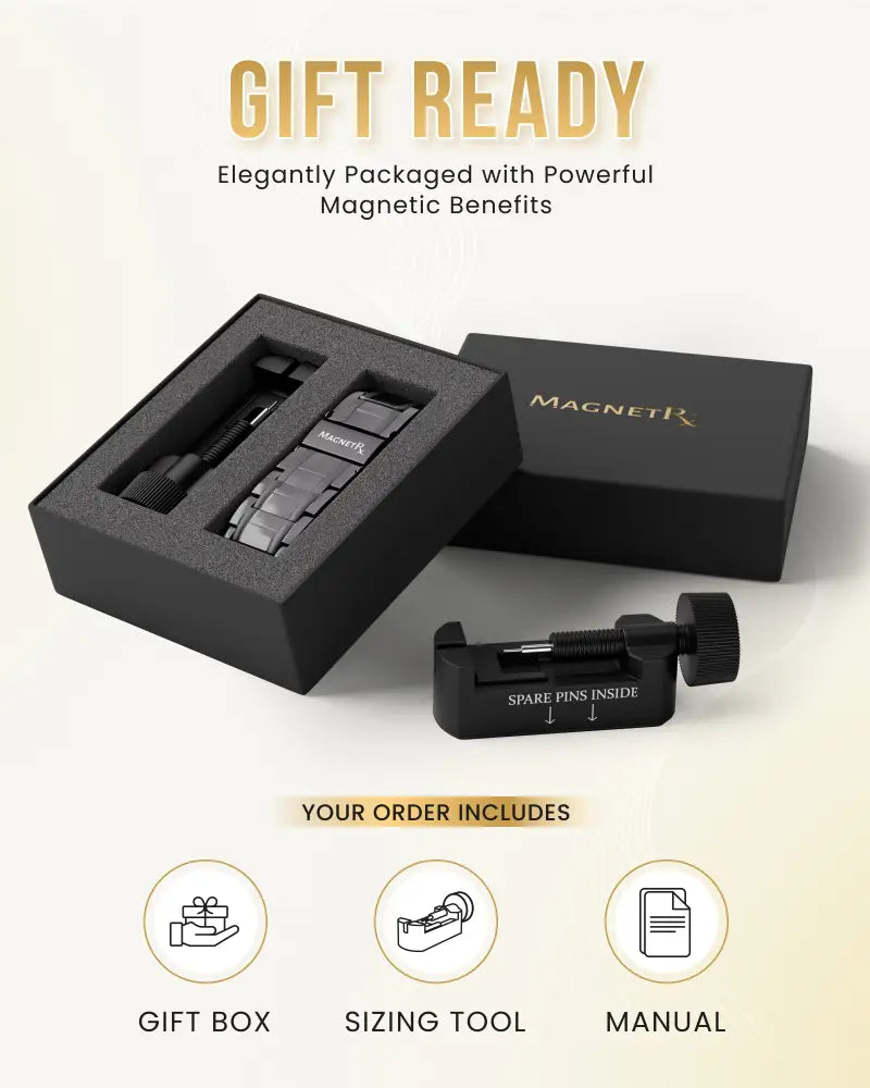 Black magnetic triple strength gunmetal titanium therapy bracelet with sleek design and magnetrx engraved links