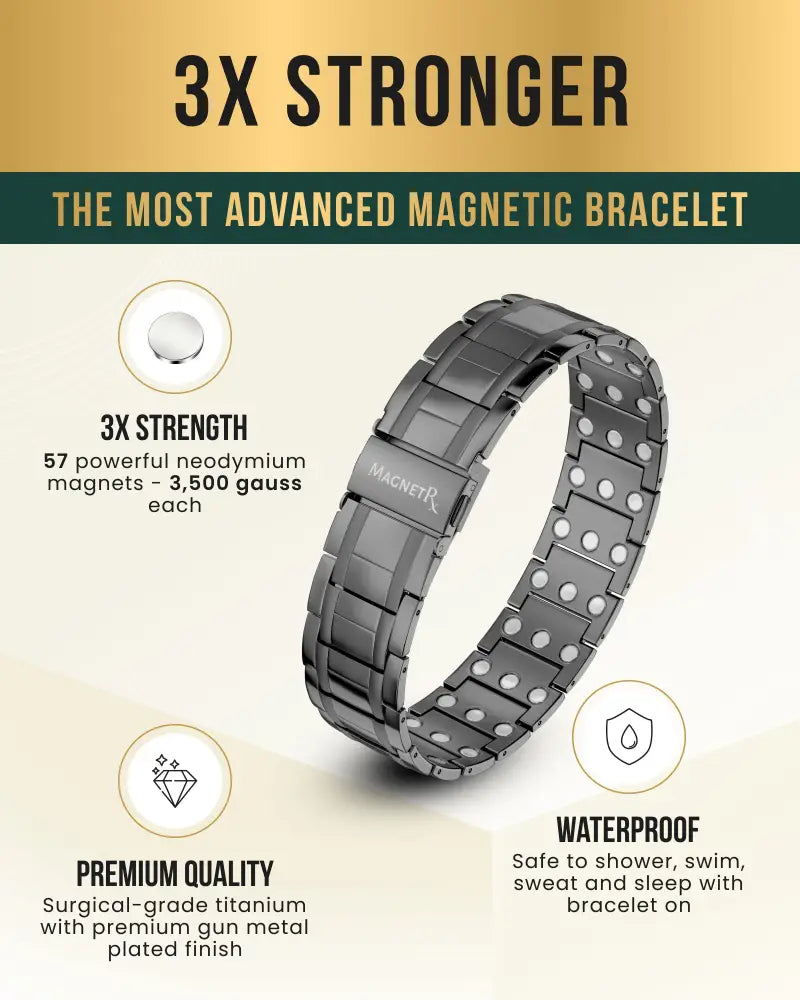 Triple strength gunmetal titanium magnetic therapy bracelet in dark gray with polished finish and 57 neodymium magnets