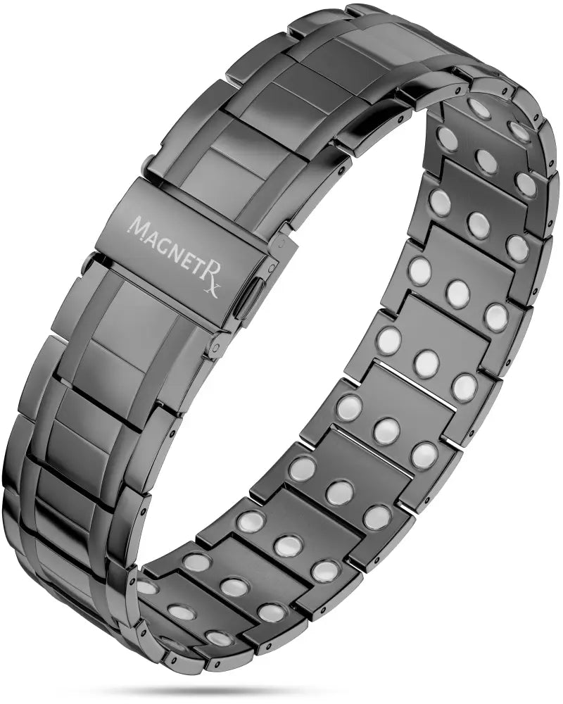 Black magnetic watch band with polished gunmetal titanium finish and circular magnet inserts for magnetic therapy
