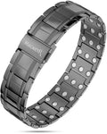 Black magnetic watch band with polished gunmetal titanium finish and circular magnet inserts for magnetic therapy