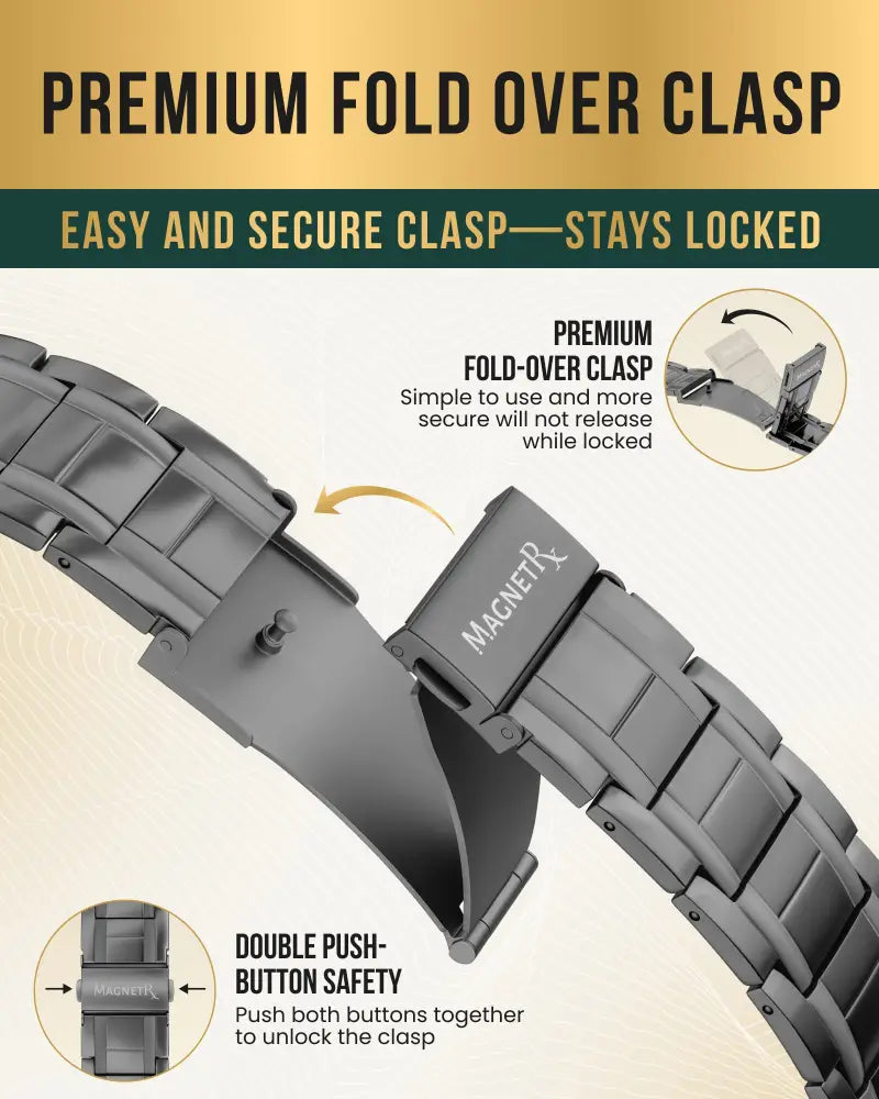 Black stainless steel band with premium fold-over clasp and double push-button safety for triple strength gunmetal titanium bracelet