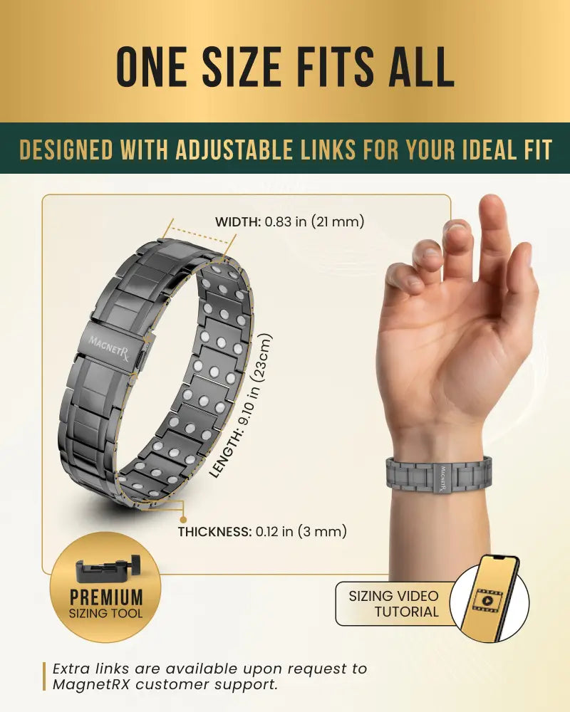 A sleek dark gray gunmetal titanium magnetic therapy bracelet with adjustable links and minimalist design
