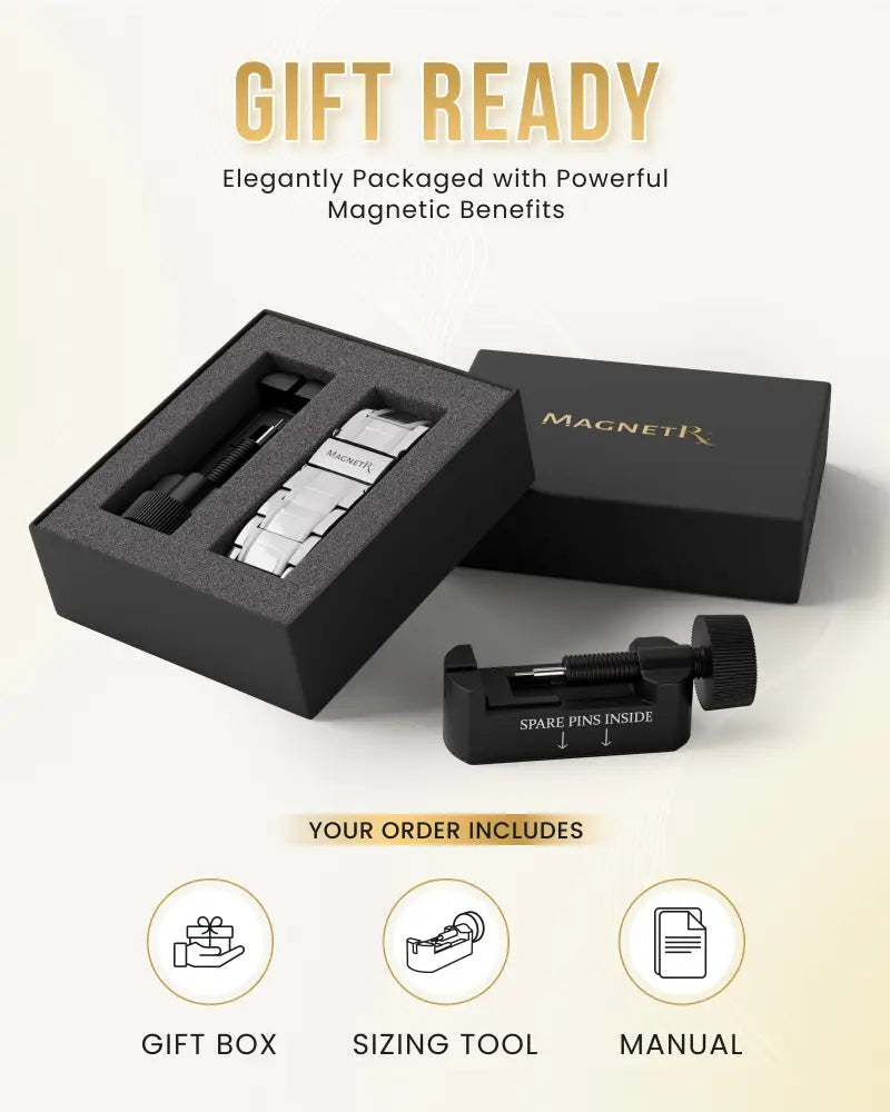Men’s high strength silver titanium magnetic therapy bracelet with silver-toned watch band and black sizing tool included