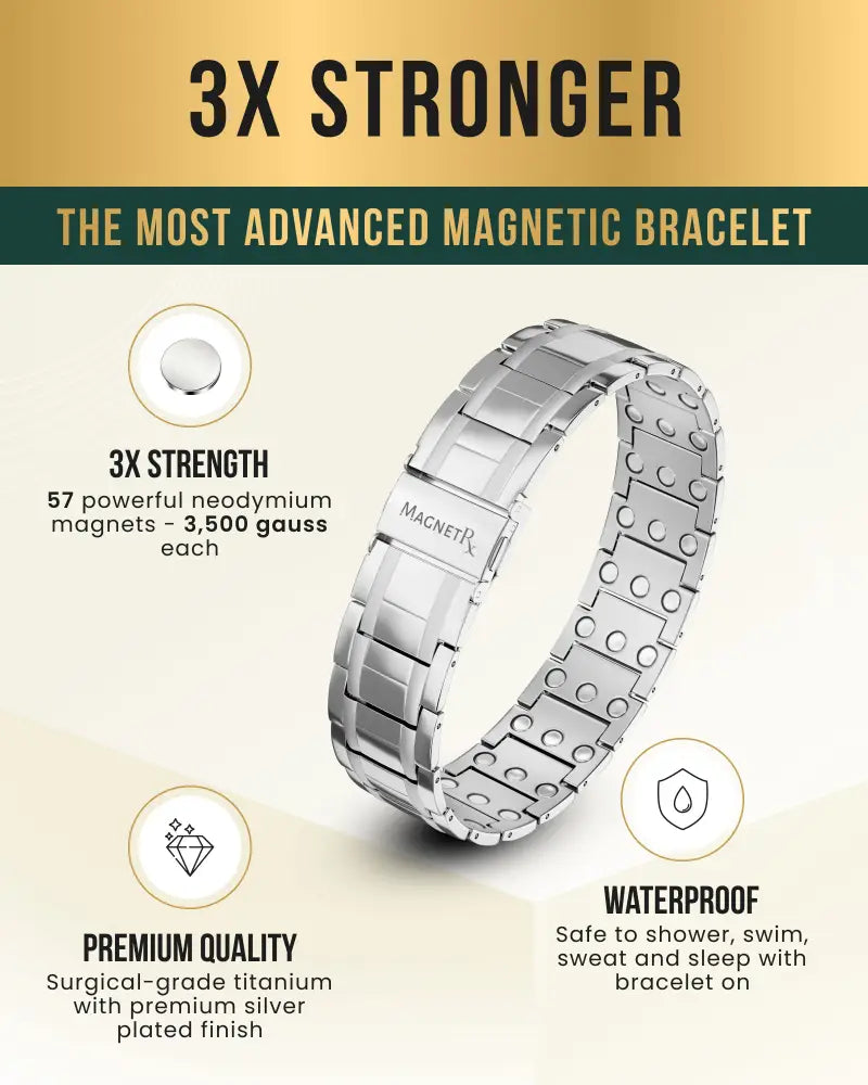 Men’s high strength silver titanium magnetic therapy bracelet with 57 neodymium magnets and sleek interlocking links