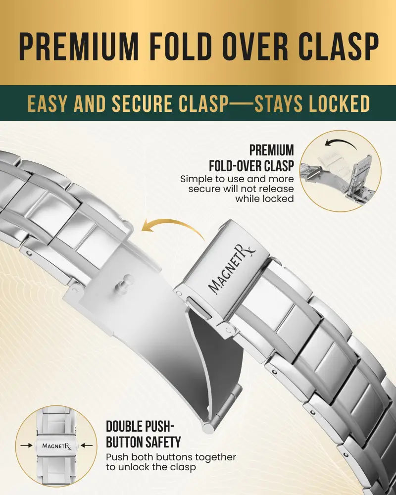 Men’s high strength silver titanium magnetic therapy bracelet with silver stainless steel band and magnetrx fold-over clasp