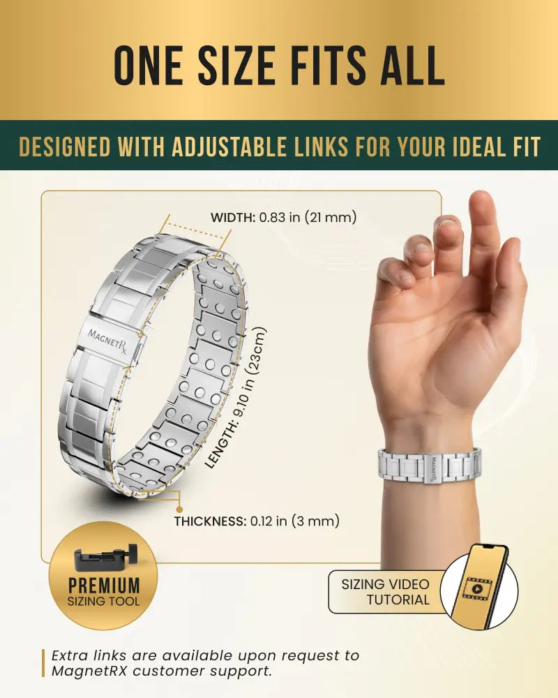 Men’s high strength silver titanium magnetic therapy bracelet with adjustable links and sleek modern design