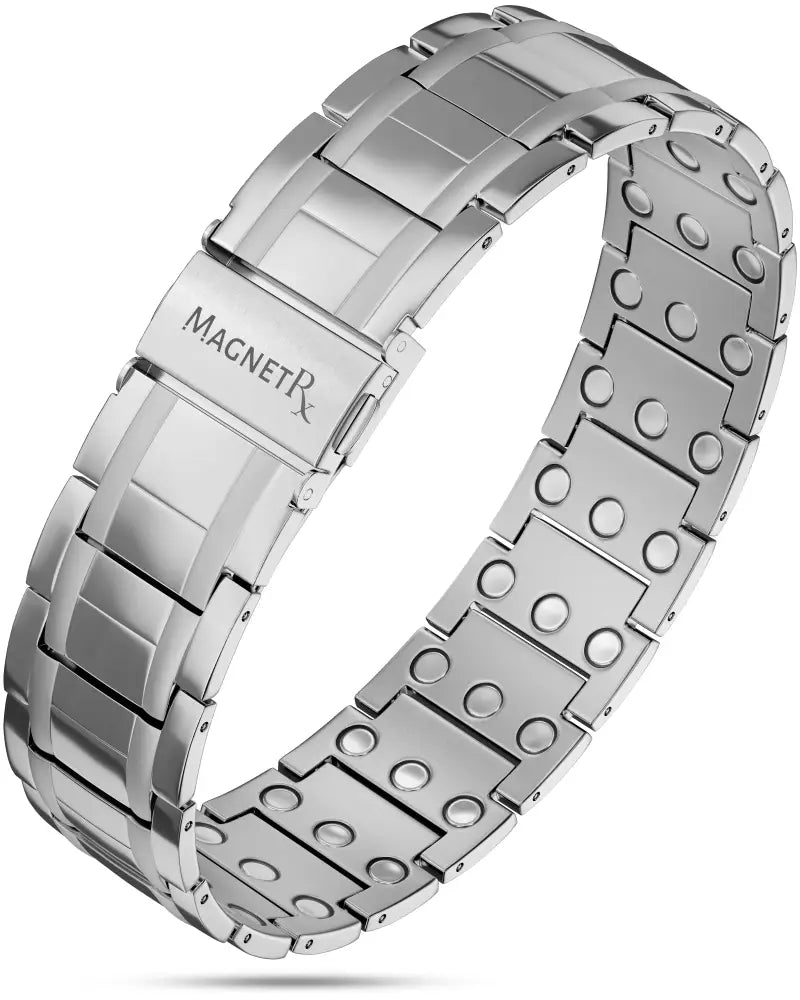 Men’s high strength silver titanium magnetic therapy bracelet with silver-toned polished rectangular links and circular magnets