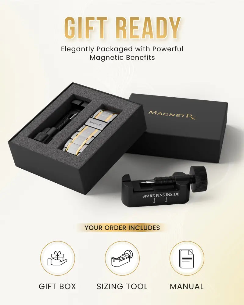 Two tone titanium magnetic therapy bracelet for men in silver and gold tones with a sleek segmented design