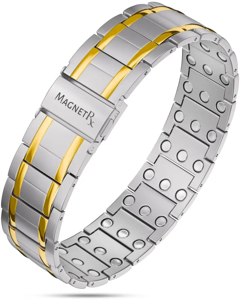 A sleek two tone titanium magnetic therapy bracelet for men in stainless steel and gold with magnetrx engraved clasp