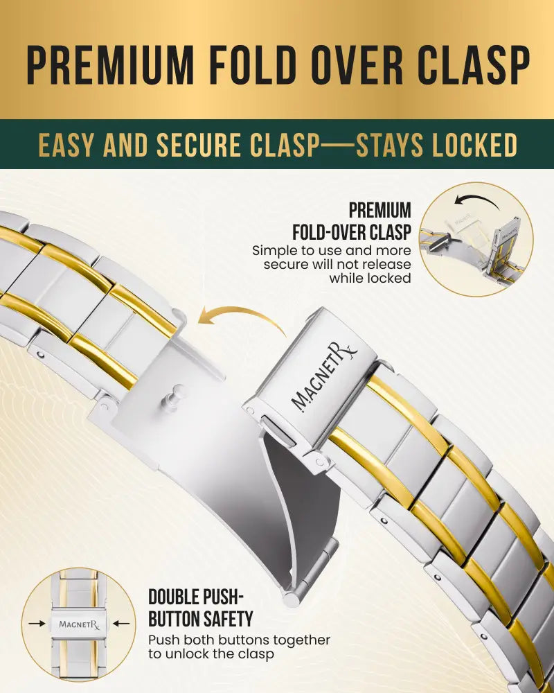 Silver and gold two-tone stainless steel two tone titanium magnetic therapy bracelet for men with magnetrx clasp