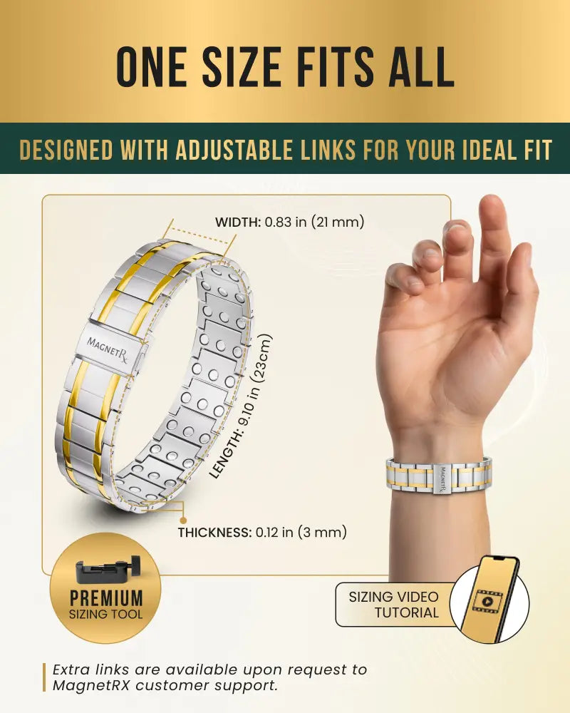 Silver and gold toned two tone titanium magnetic therapy bracelet for men with an adjustable segmented design