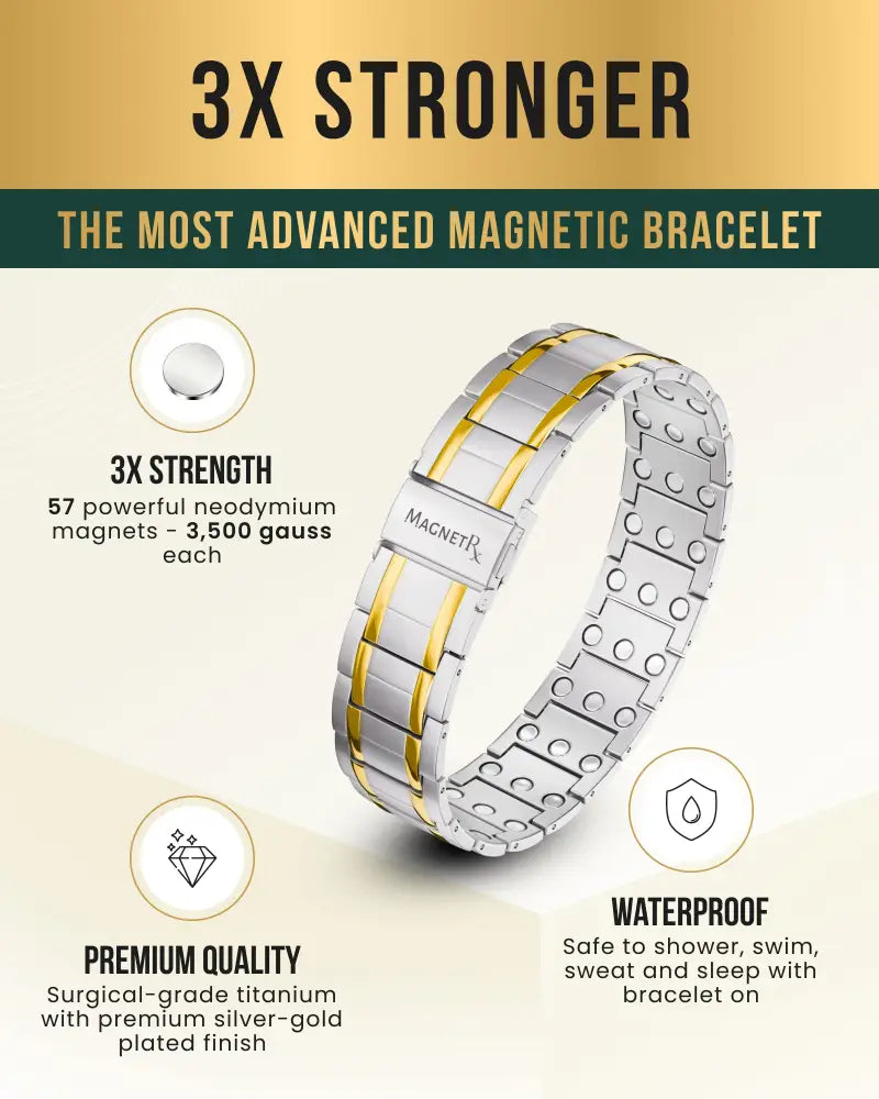 Two tone titanium magnetic therapy bracelet for men with silver and gold plating featuring 57 neodymium magnets