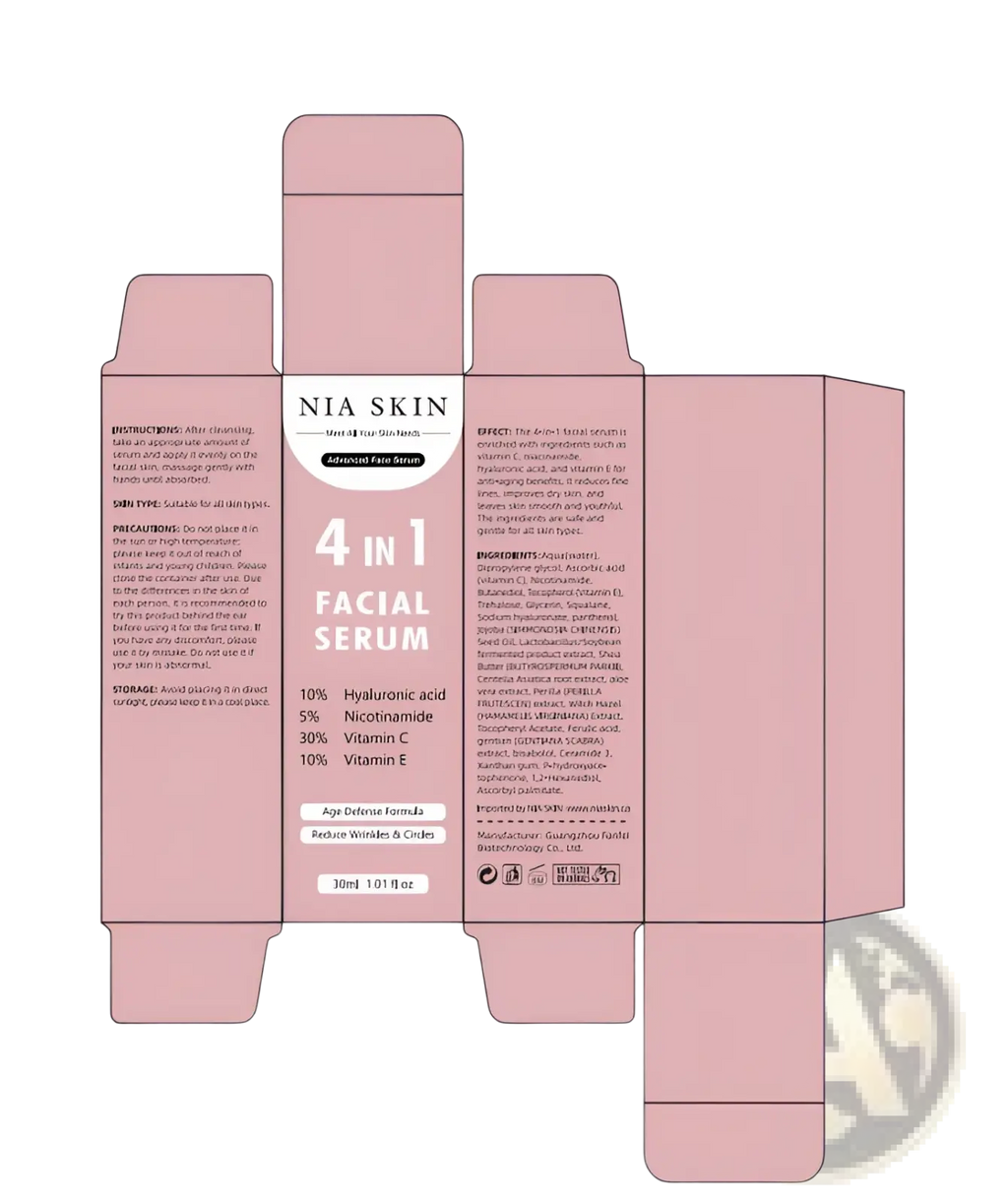 Pink cardboard box for nia skin 4-in-1 facial serum with vitamin c and niacinamide 30ml product packaging