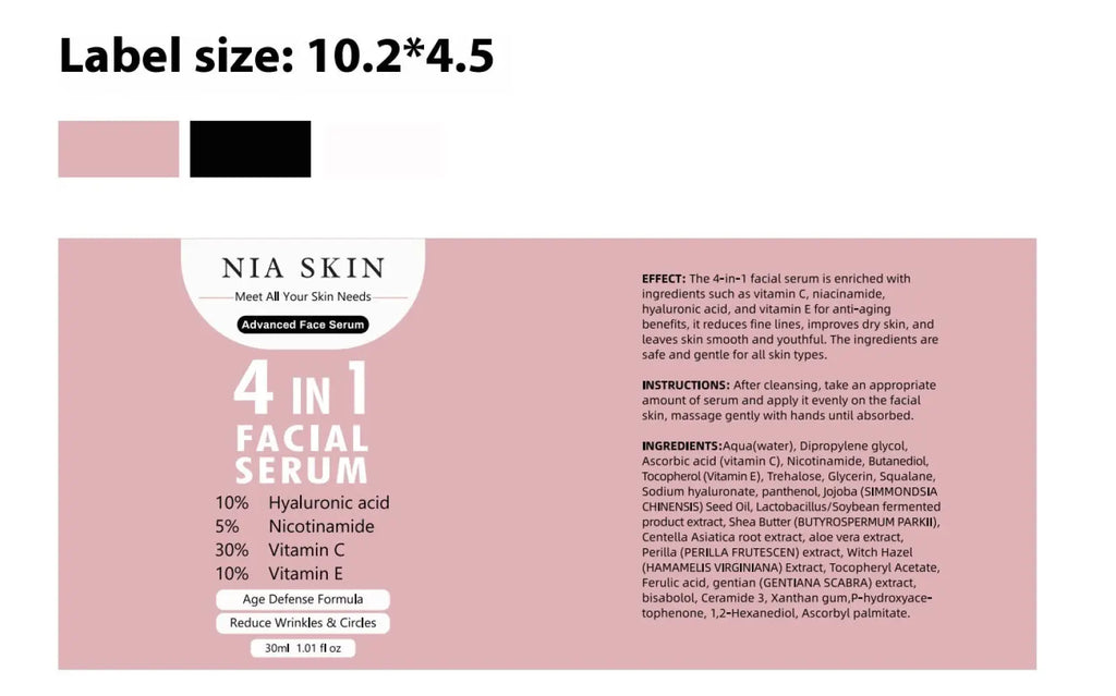Nia skin 4-in-1 facial serum 30ml with pink and black label featuring vitamin c niacinamide hyaluronic acid and vitamin e