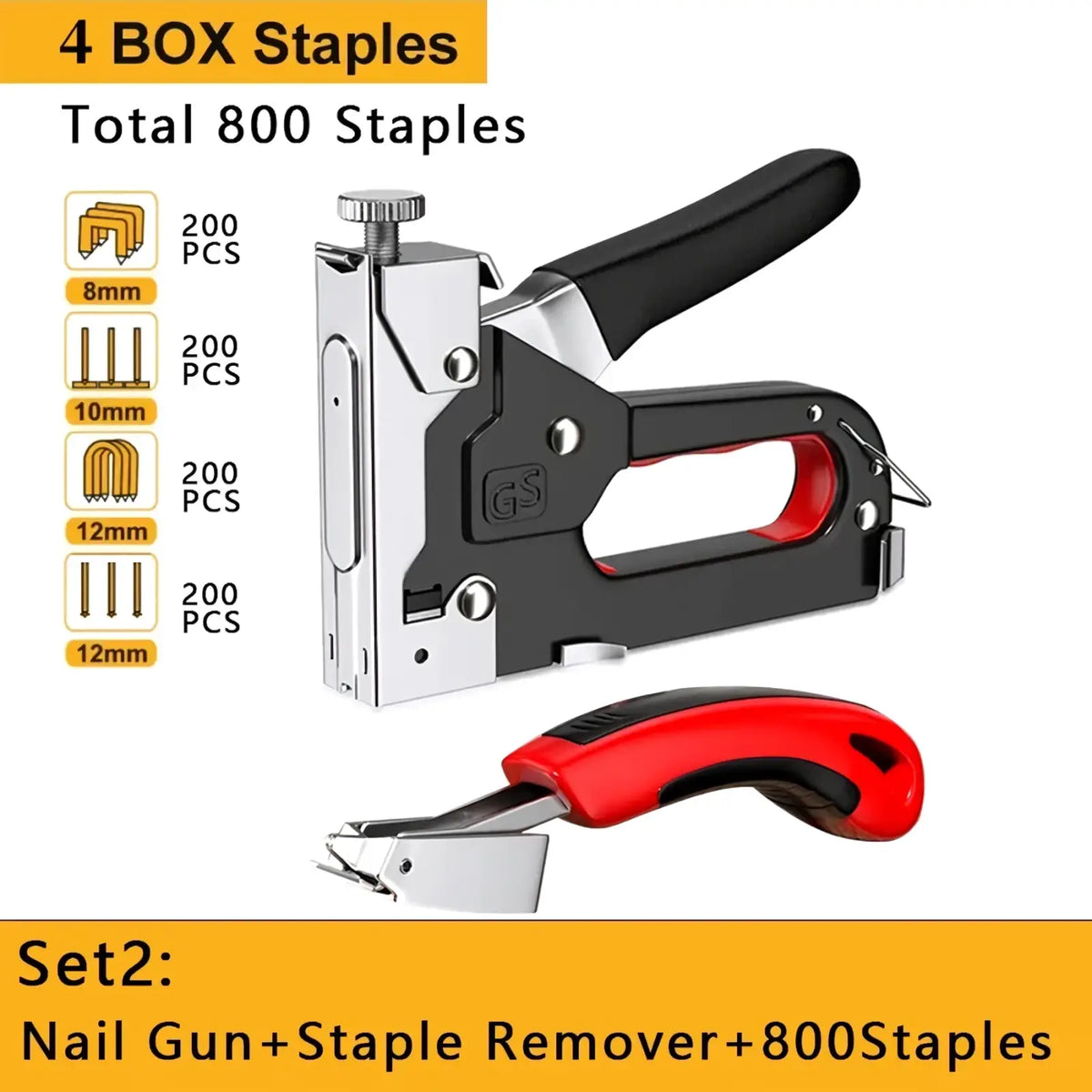 4 in 1 heavy duty staple gun for upholstery diy with black and red handle, silver metal body, and matching staple remover