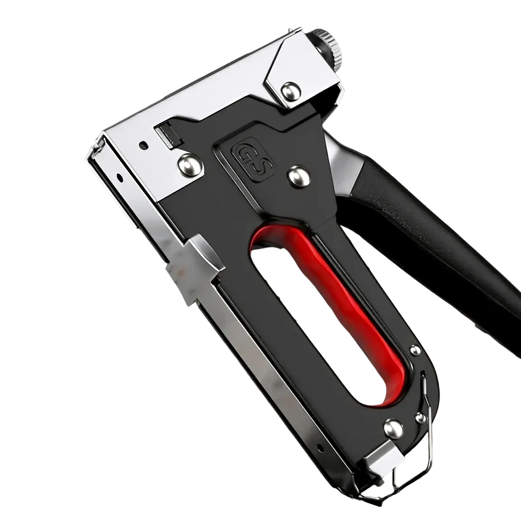 4 in 1 heavy duty black and red handheld staple gun with metallic silver trigger mechanism for upholstery diy