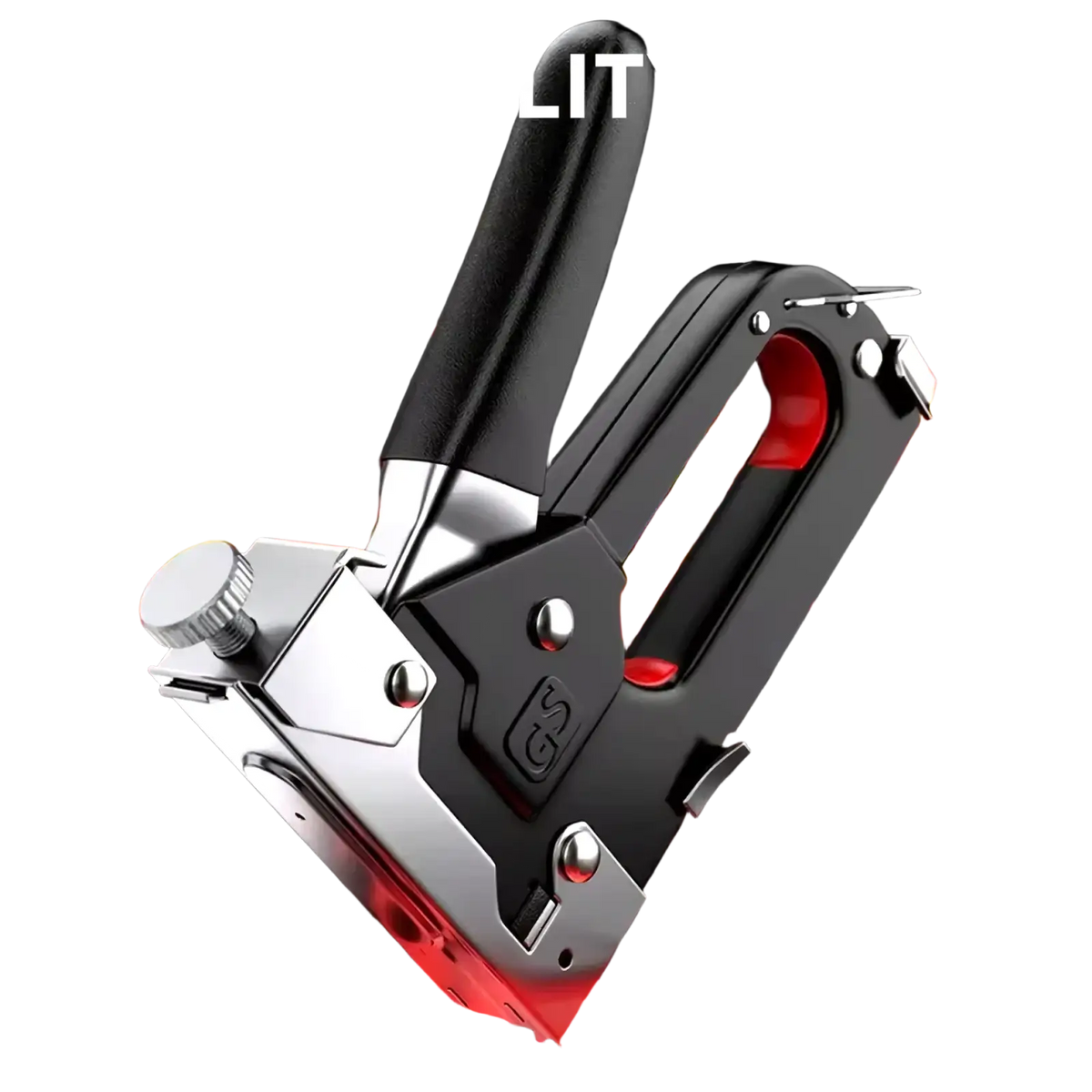 Black and silver heavy-duty staple gun with textured grip handle for upholstery diy 4 in 1 use
