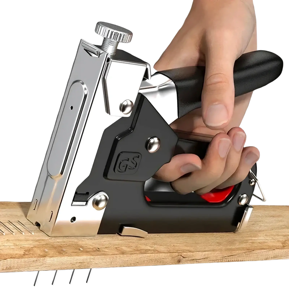 Black and silver gs brand heavy duty 4 in 1 staple gun with textured grip handle for upholstery diy