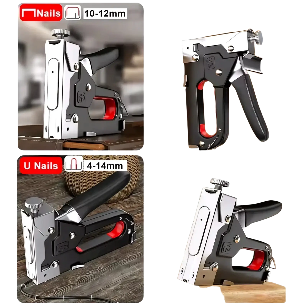 Black and silver heavy duty staple gun with red accents for common t u and i shaped nails in upholstery diy use