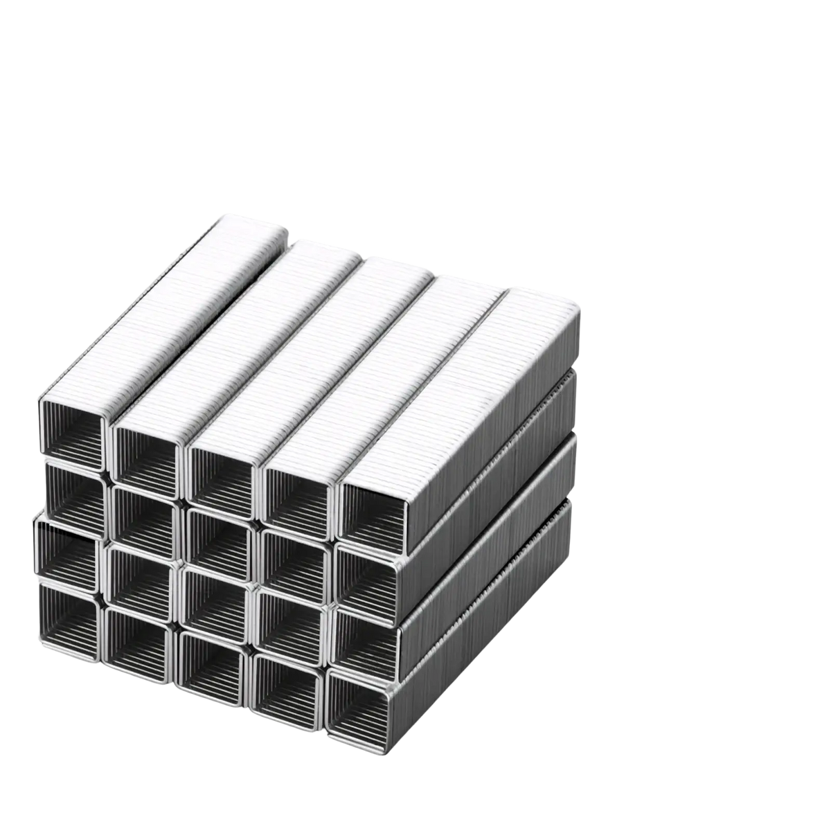 A stack of metallic 8mm rectangular door nails with hollow square cross-section for 4 in 1 heavy duty upholstery staple gun