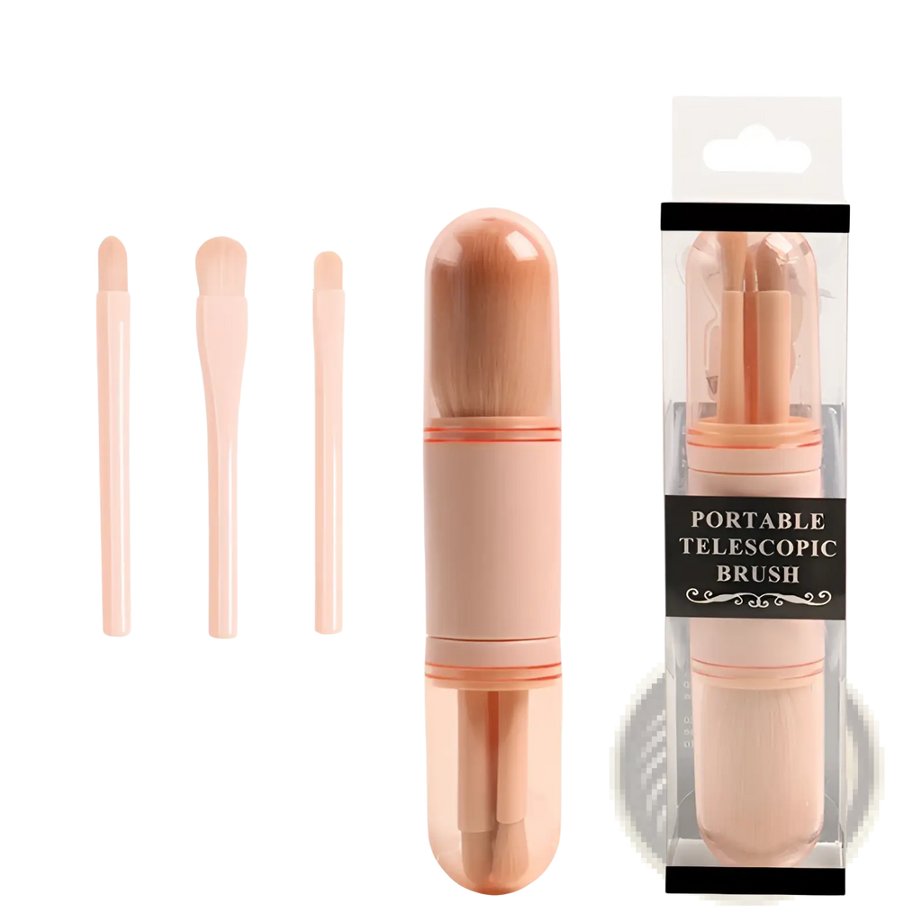 4 in 1 portable telescopic makeup brush set in peach cylindrical case with clear packaging for travel storage