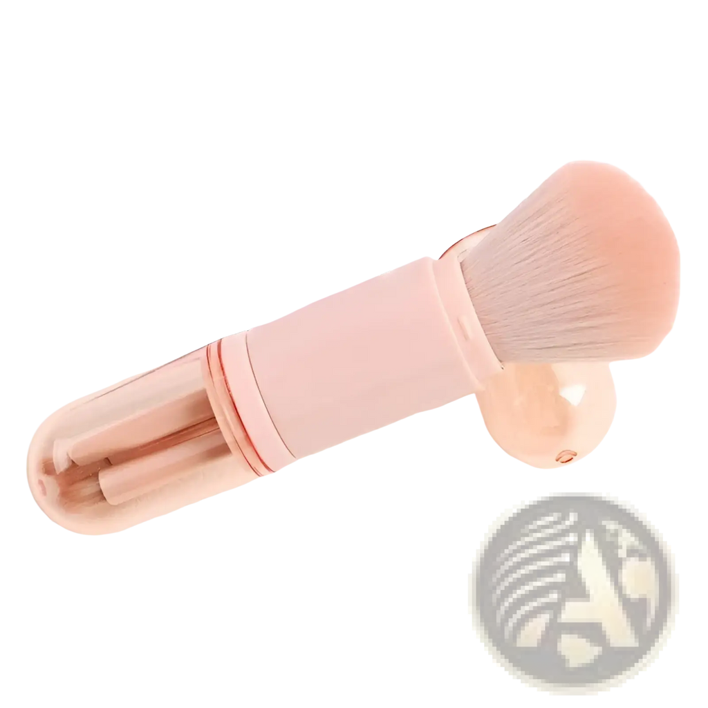 Pink translucent cylindrical plastic makeup brush case with matching blush brush featuring peach bristles for travel use